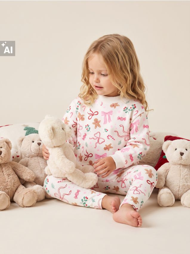 Sinsay - Set din bumbac: bluză și colanți cu motiv de Crăciun - nude
