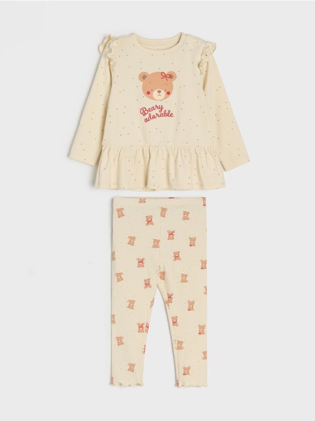 Sinsay - Set din bumbac: tricou și colanți cu motiv de ursuleț - bej