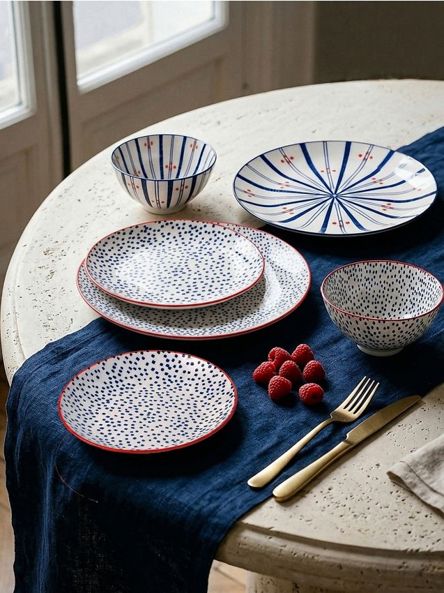 Piatti in ceramica a pois con bordo a contrasto 2 pack - multicolor