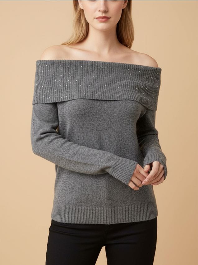 Sinsay - Sweter z dżetami i dekoltem typu łódka z domieszką wełny - szary