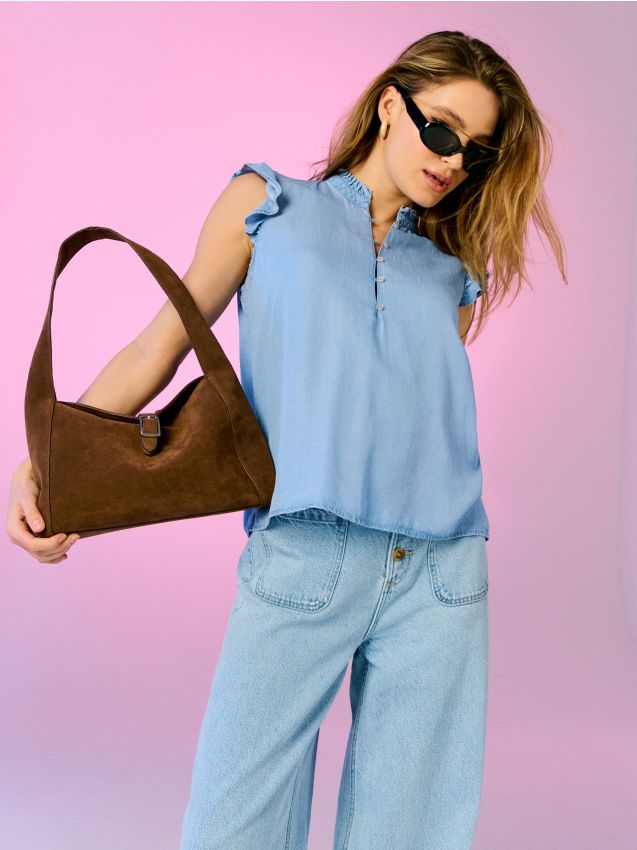 Sinsay - Bluză tip cămașă cu volane din lyocell - light blue