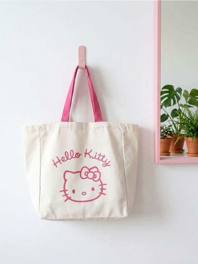 Sinsay - Geantă din material textil Hello Kitty - crem