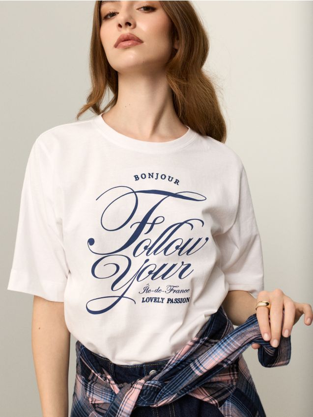 Sinsay - Tricou din bumbac cu inscripție - alb