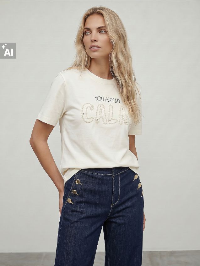 Sinsay - Tricou din bumbac cu aplicație cu perle - crem