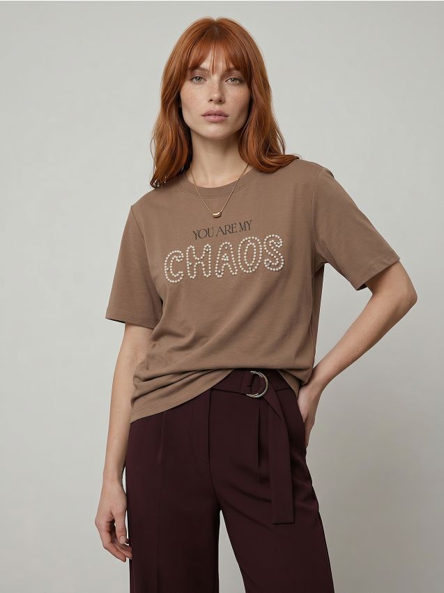 Sinsay - Tricou din bumbac cu aplicație cu perle - cafeniu