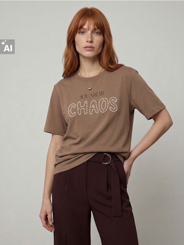 Sinsay - Tricou din bumbac cu aplicație cu perle - cafeniu