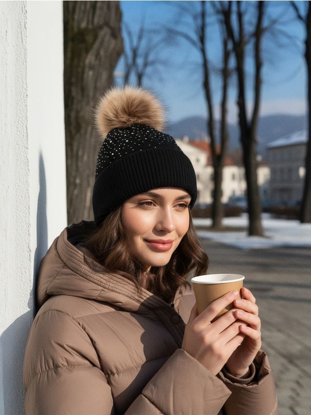 Sinsay - Čiapka beanie s brmbolcom - čierna