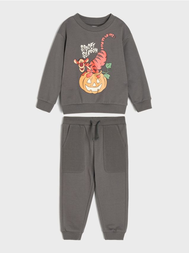 Sinsay - Set din bumbac: bluză cu motiv Halloween, imprimeu care luminează în întuneric și pantaloni Winnie the Pooh - gri-închis