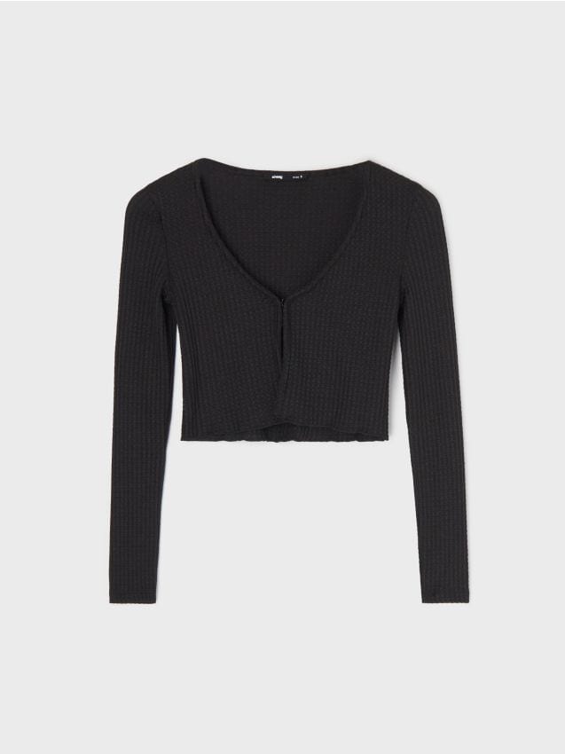 Sinsay - Bluză scurtă din material reiat cu mâneci lungi, decolteu în V și închidere - negru