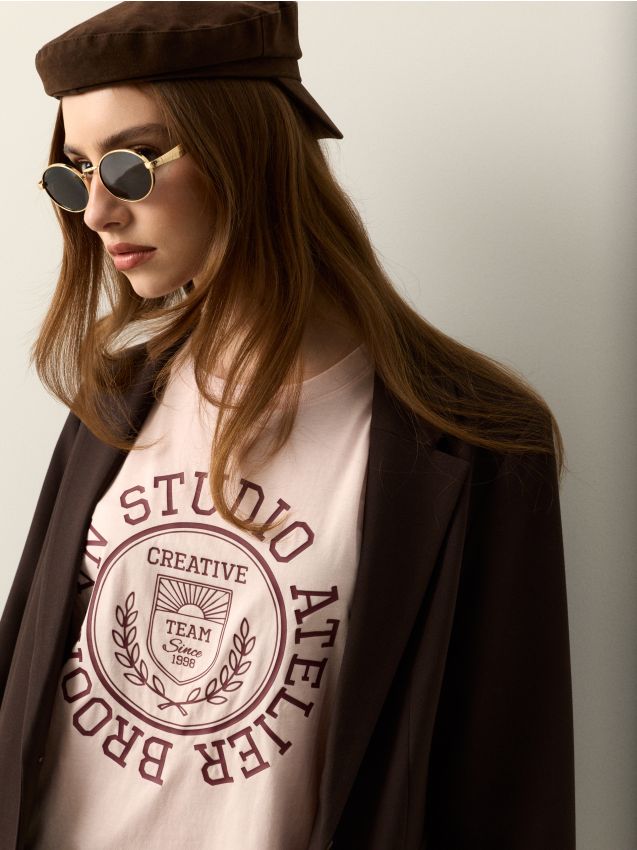 Sinsay - Tricou din bumbac cu imprimeu - roz-pastel