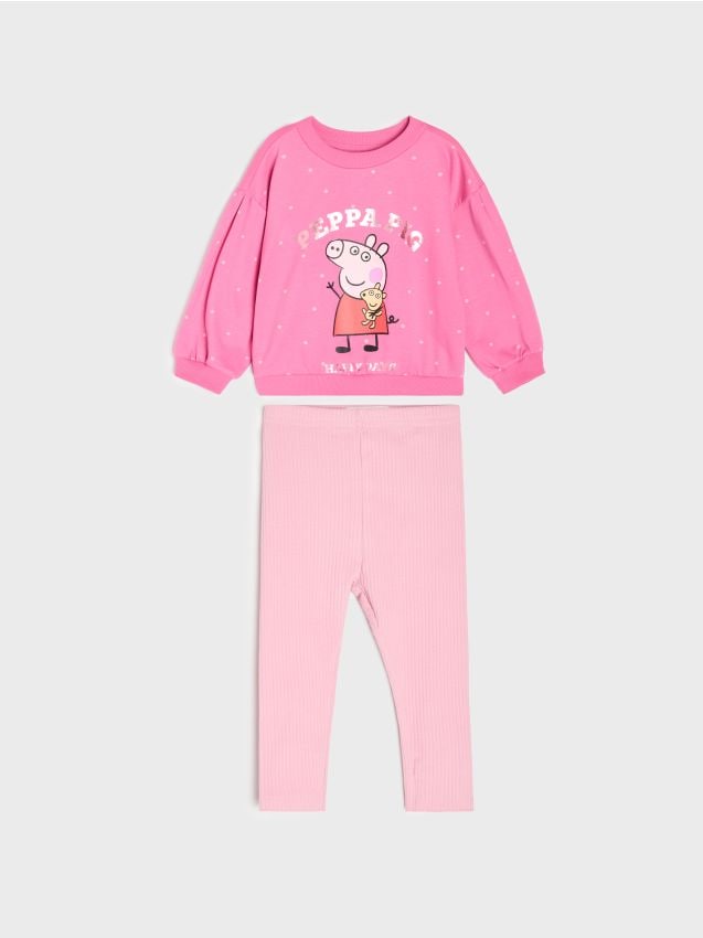 Sinsay - Set din bumbac: bluză crewneck și colanți Peppa Pig - roz-trandafiriu