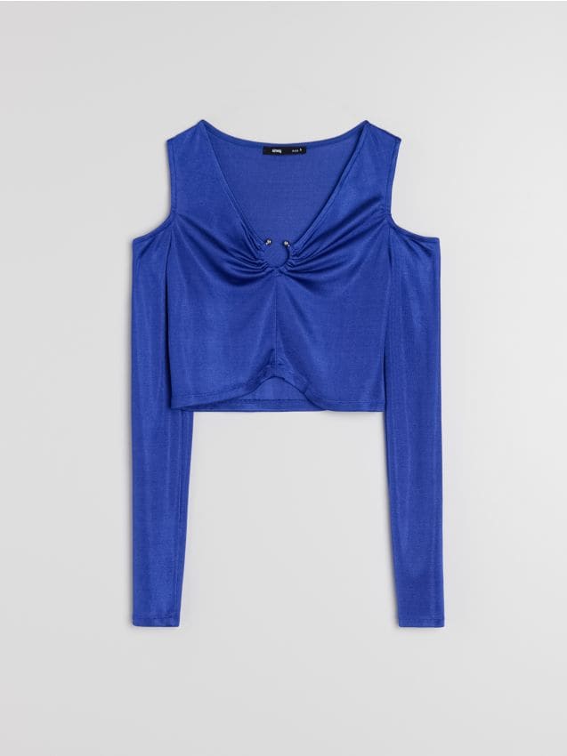 Sinsay - Zamatová blúzka s odhalenými ramenami a riasením pri výstrihu - hyacintová