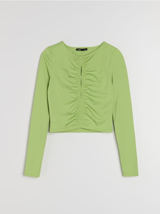 Sinsay - Krátka blúzka s dlhým rukávom a riasením vpredu - žlto-zelená