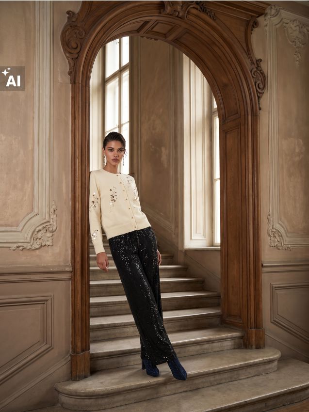 Sinsay - Pantaloni wide leg cu efect de paiete lipite - negru