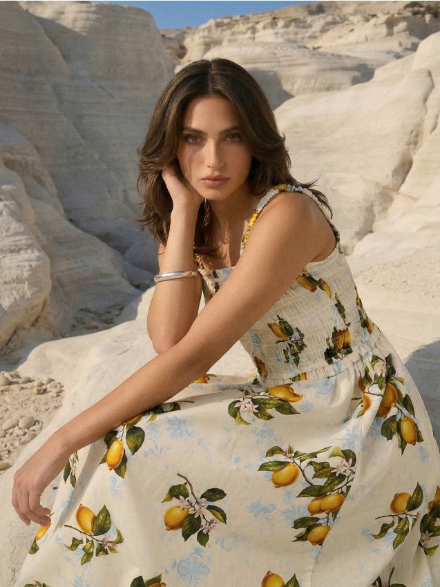 Abito maxi in cotone con spalline stampa limoni - multicolor