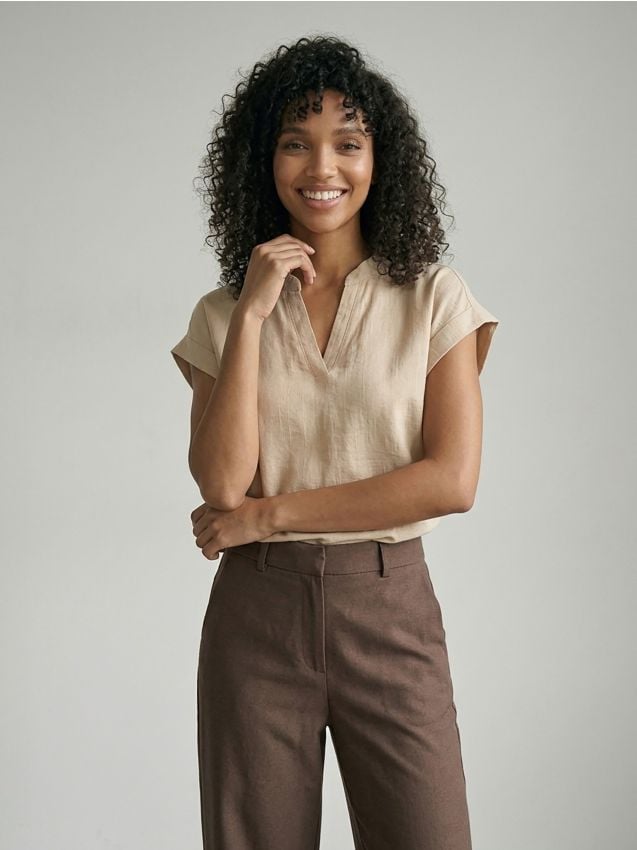Blusa in cotone stile camicia senza maniche - beige