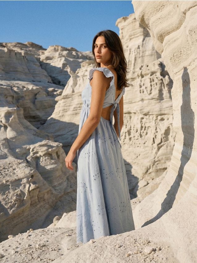 Sinsay - Rochie midi cu volan și legare decorativă la spate - albastru-pal