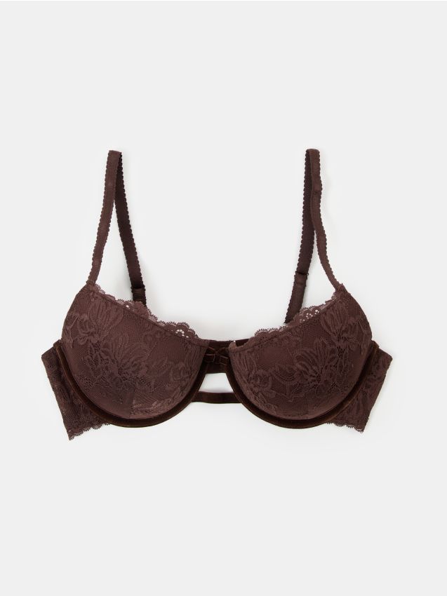 Sinsay - Sutien push-up cu dantelă - maro-închis