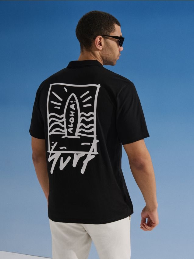 Sinsay - Tricou polo din bumbac cu imprimeu de vacanță - negru