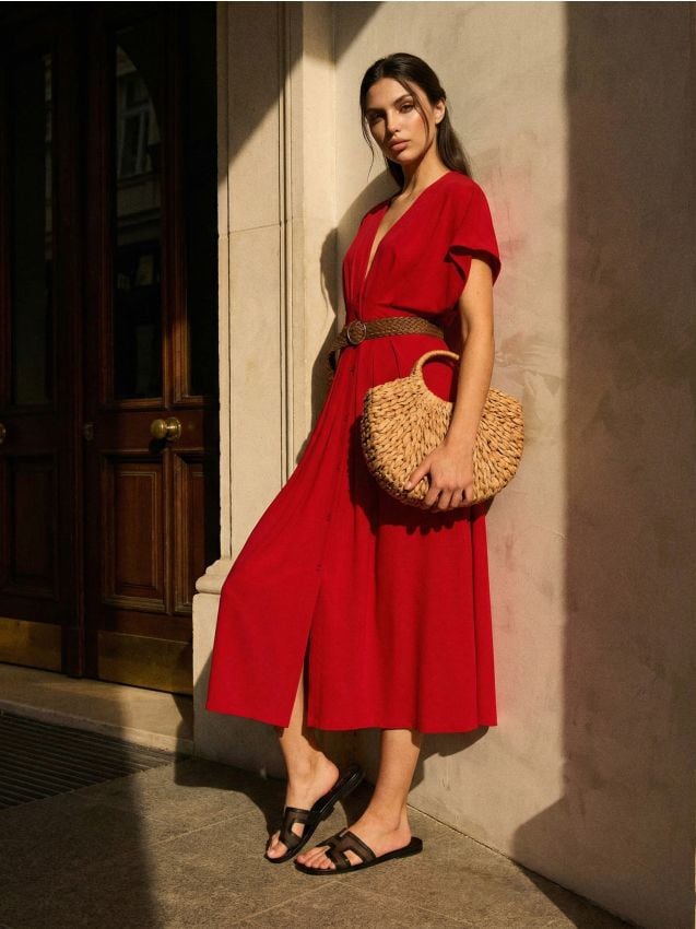 Sinsay - Rochie cu mâneci kimono și pliuri - roșu