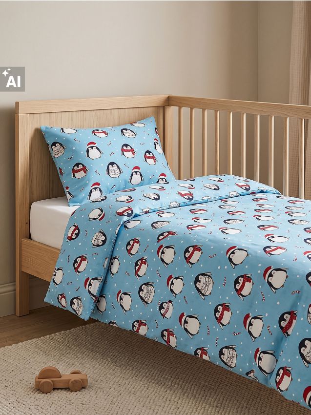 Sinsay - Set de lenjerie de pat de Crăciun din bumbac cu model de pinguini - albastru