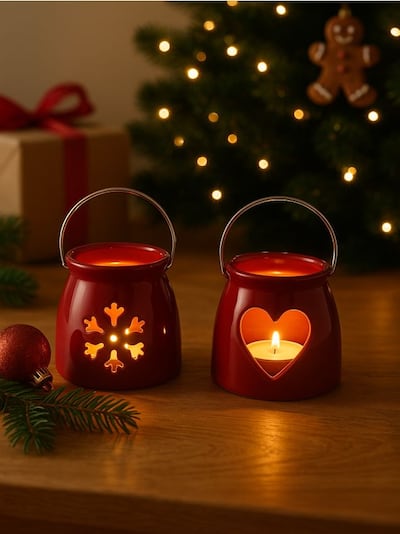 Set di portacandele natalizi in ceramica a forma di lanterna, confezione da 2
