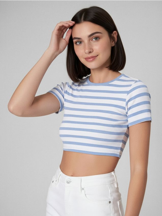 Sinsay - Top scurt din tricot striat - light blue