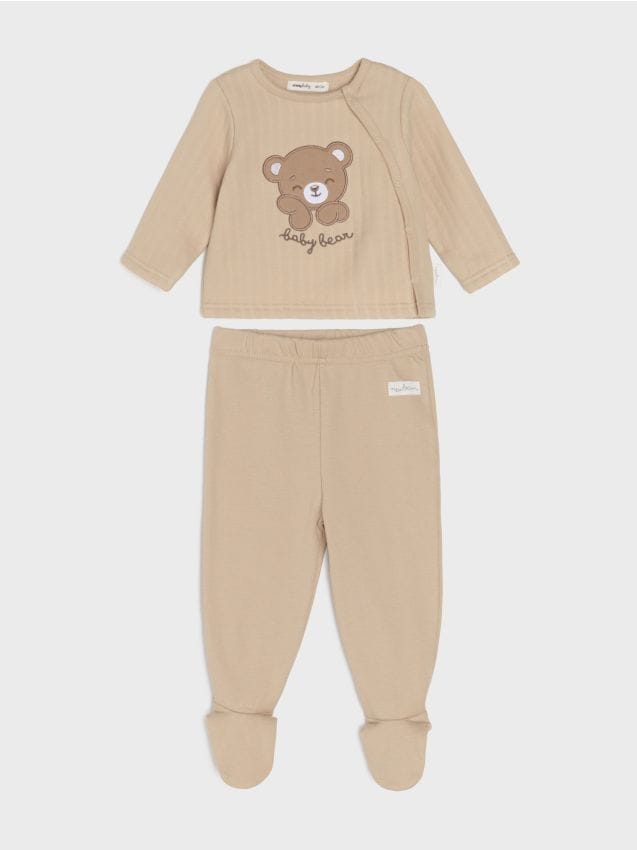 Sinsay - Set din bumbac: tricou și pantaloni cu botoșei cu aplicație ursuleț - bej