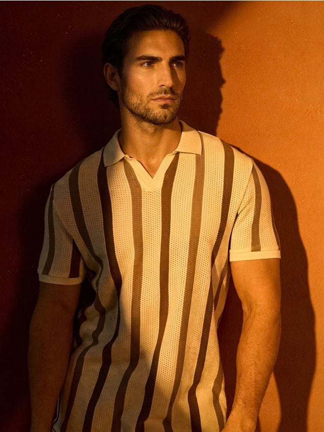 Sinsay - Tricou polo din bumbac cu dungi - crem