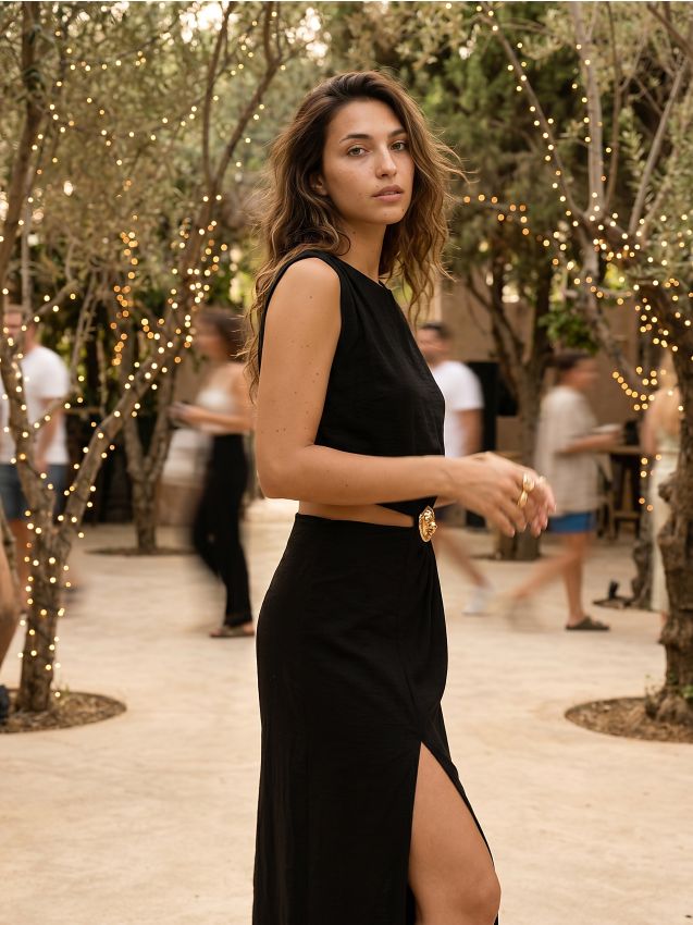 Sinsay - Rochie midi cu decupaje în talie și șliț - negru