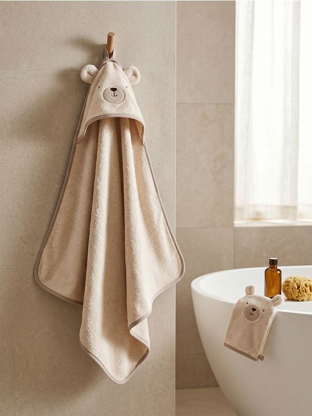 Sinsay - Prosop din bumbac cu glugă cu motiv de ursuleț și lavetă 2 pack - nude