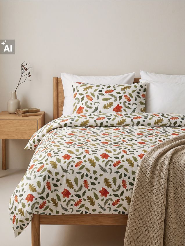 Sinsay - Set de lenjerie de pat cu motiv de frunze de toamnă - verde-gălbui