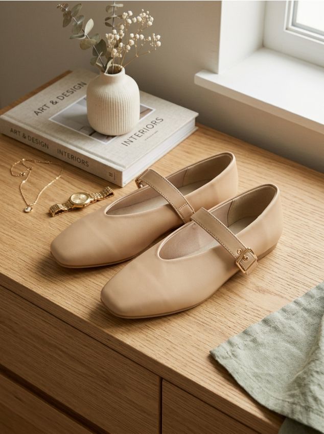 Sinsay - Balerini cu baretă și branț din piele - bej