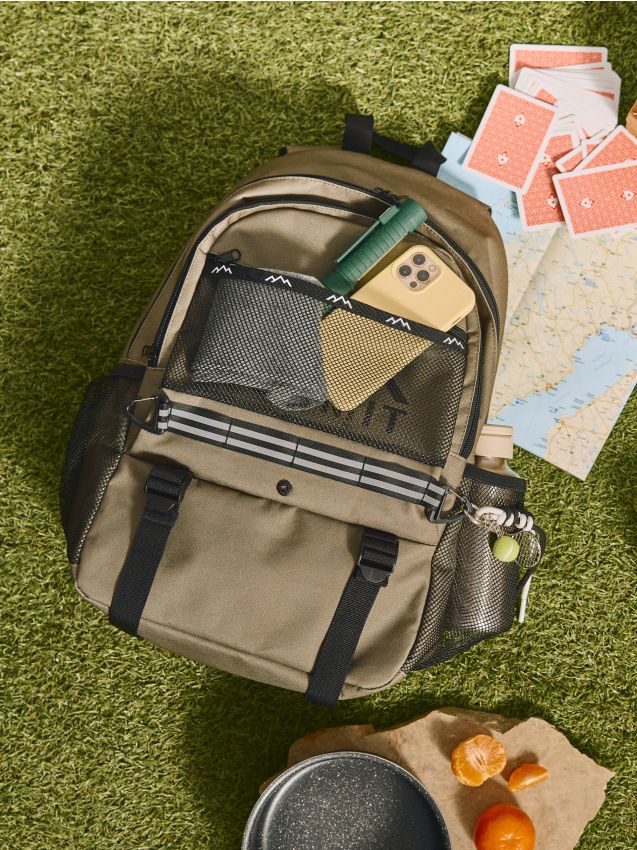 Sinsay - Rucsac cu buzunar din plasă și motiv munte - kaki