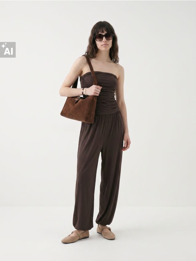 Sinsay - Set cu top încrețit și pantaloni - maro-închis