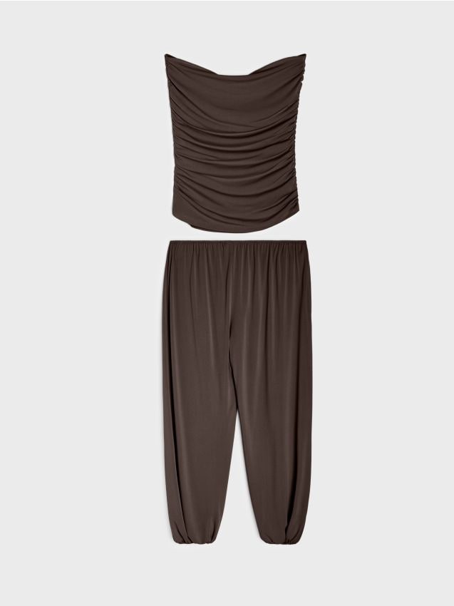 Sinsay - Set cu top încrețit și pantaloni - maro-închis