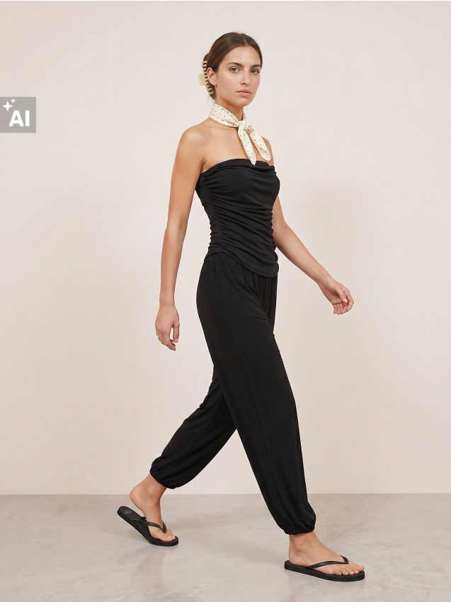 Sinsay - Set cu top încrețit și pantaloni - negru