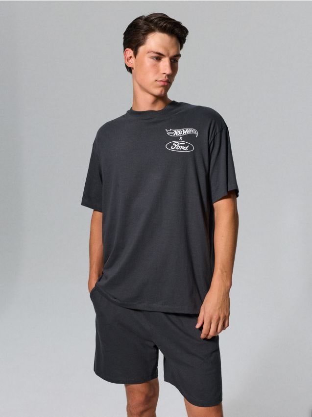 Sinsay - Pijama oversize din bumbac, din două piese Hot Wheels x Ford - gri-închis