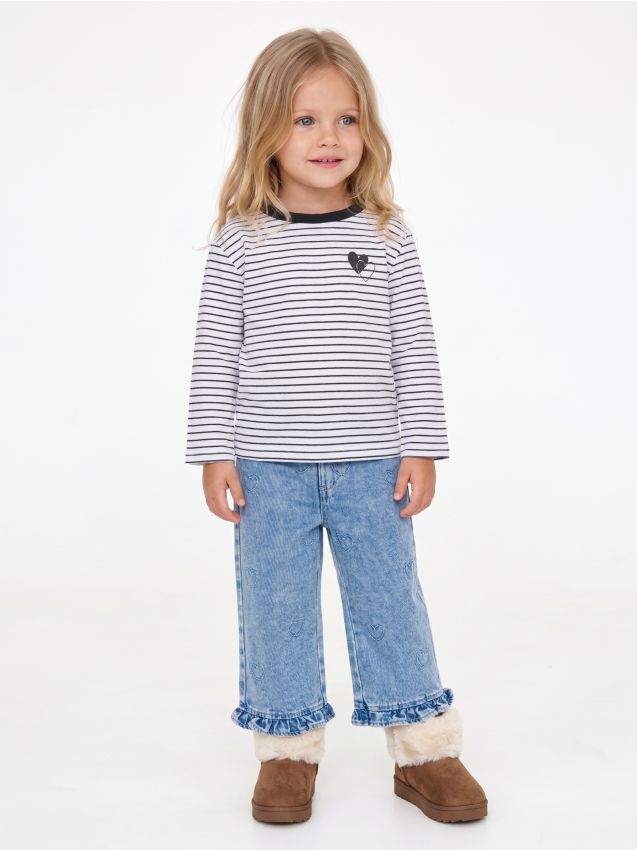 Sinsay - Blugi wide leg cu volane și inimioare brodate - albastru