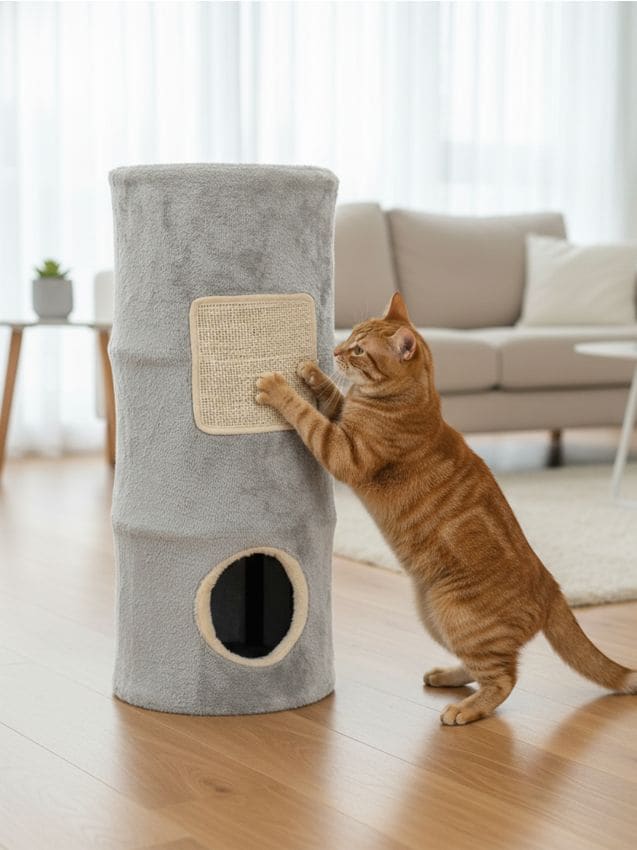 Sinsay - Stâlp de zgâriat pentru pisici în forma unui tub plușat cu intrări - crem