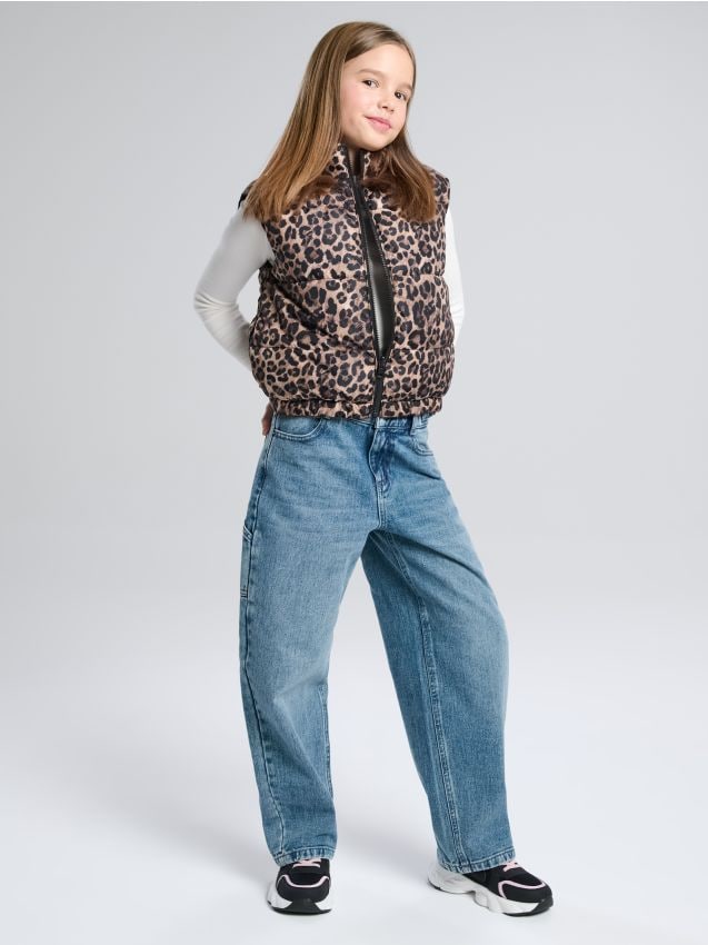 Sinsay - Jeansy barrel wide leg z efektem sprania - niebieski