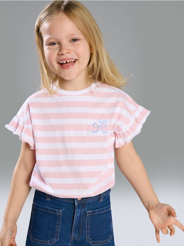 Sinsay - Tricou în dungi cu broderie și volane - roz