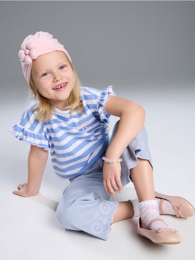 Sinsay - Tricou în dungi cu broderie și volane - light blue