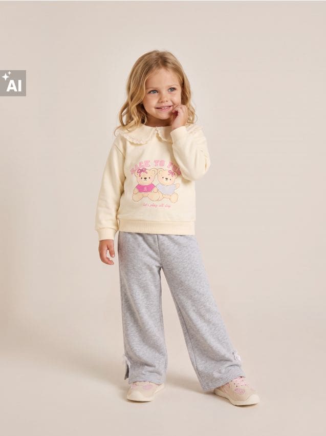 Sinsay - Pantaloni de trening wide leg cu funde decorative pe laterale - gri deschis