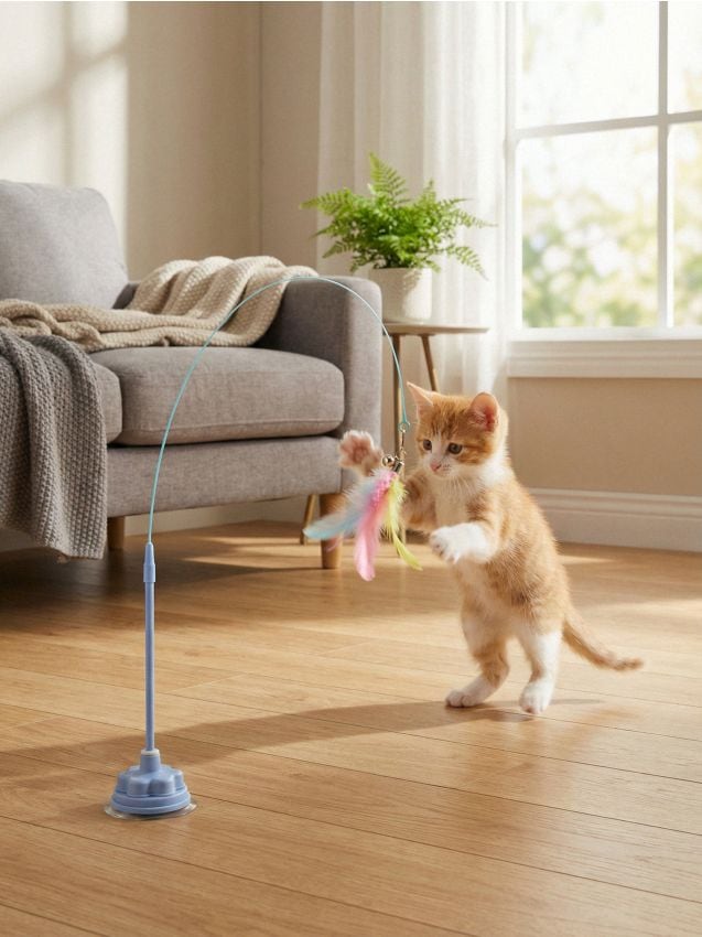 Sinsay - Undiță pentru pisici cu pene și ventuză - albastru-pal