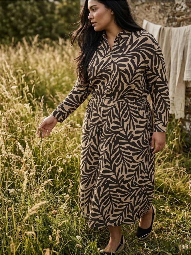 Sinsay - Rochie tip cămașă cu model de frunze și cordon în talie Plus Size - multicolor