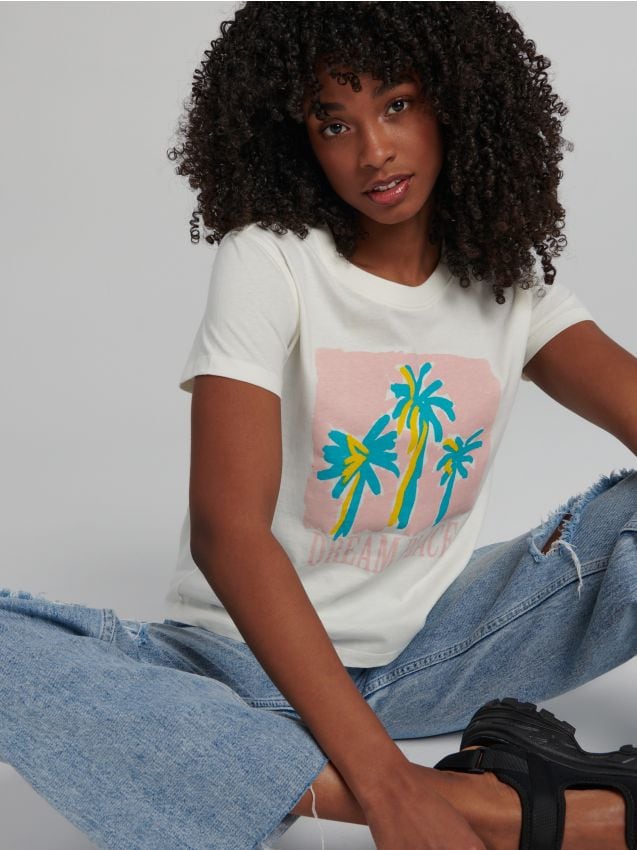 Cotton T-shirt with print Color white - SINSAY - XT256-00X