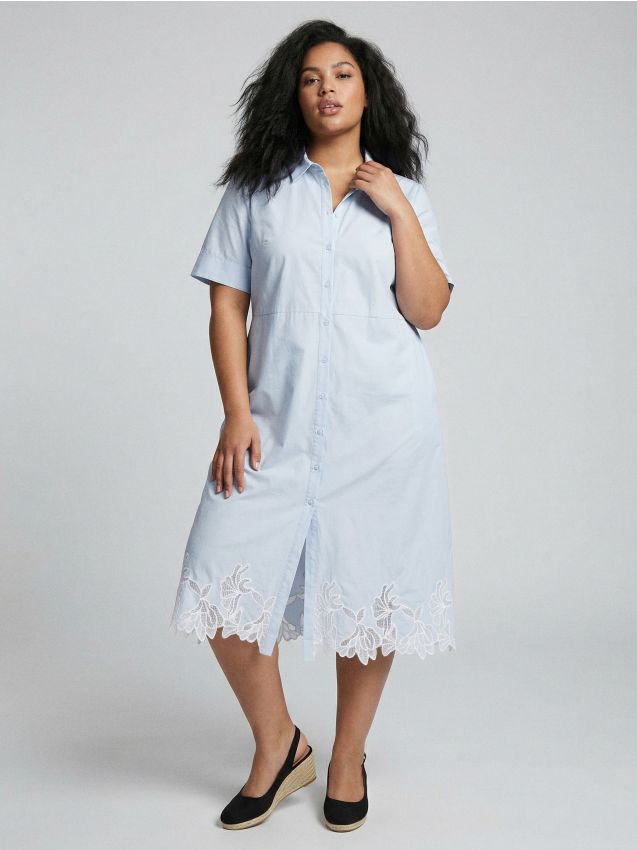 Sinsay - Rochie tip cămașă cu tiv brodat Plus Size - albastru-pal