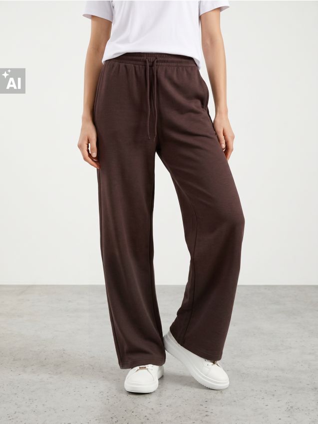 Sinsay - Pantaloni wide leg din tricot gros cu textură în dungi și căptușeală din fleece - carmin
