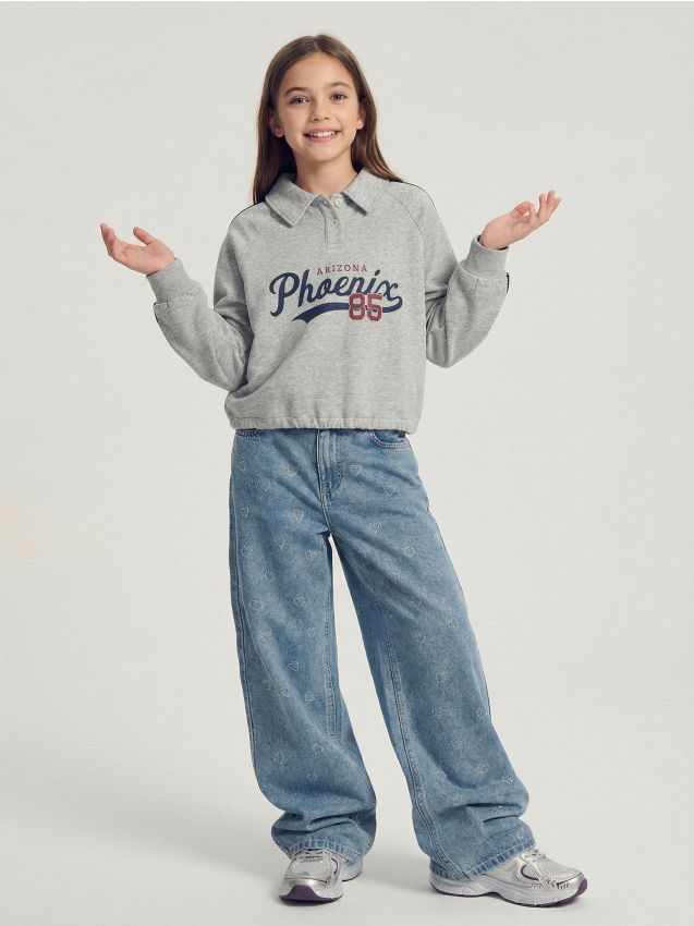 Sinsay - Jeansy wide leg z ozdobnymi dżetami - niebieski